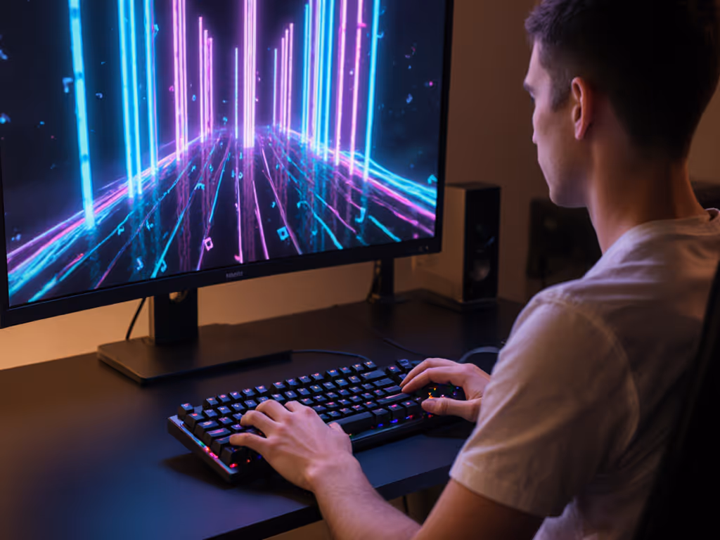 player_sitting_at_desk_with_keyboard_and_monitor_showing_rhythm_game_lanes_on_screen